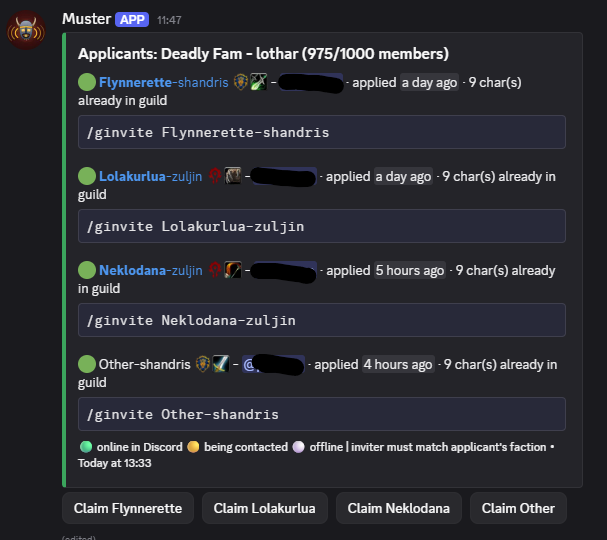 A Muster applicant board in Discord, showing online status, faction and class icons, and a copyable /ginvite command for each applicant.